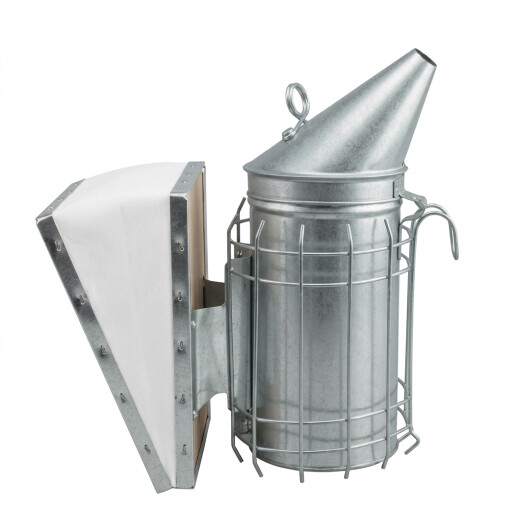 Afumător apicol din oțel galvanizat, cu capac conic, cu tub interior din inox, burduf din piele naturală –  26 cm, Ø8,5 cm