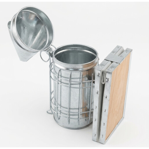 Afumător apicol din oțel galvanizat, cu capac conic, burduf din piele naturală– 28 cm, Ø10 cm