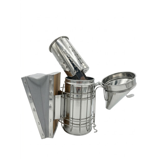 Afumător apicol din oțel inoxidabil, cu capac conic, cu tub interior din inox, burduf din piele naturală – 26 cm, Ø8,5 cm
