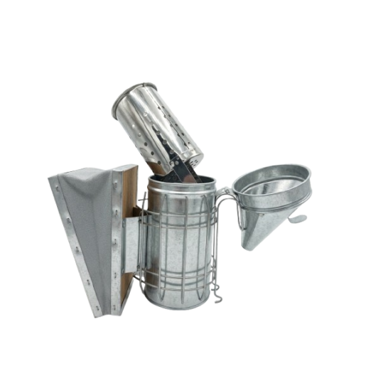 Afumător apicol din oțel galvanizat, cu capac conic, cu tub interior din inox, burduf din piele naturală –  26 cm, Ø8,5 cm