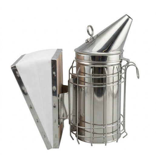 Afumător apicol din oțel inoxidabil, cu capac conic, cu tub interior din inox, burduf din piele naturală – 26 cm, Ø8,5 cm
