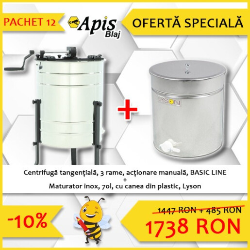 Pachet promotional: Centrifuga tangentiala, 3 rame, actionare manuala, BASIC LINE + Maturator inox, 70l, cu canea din plastic, Lyson