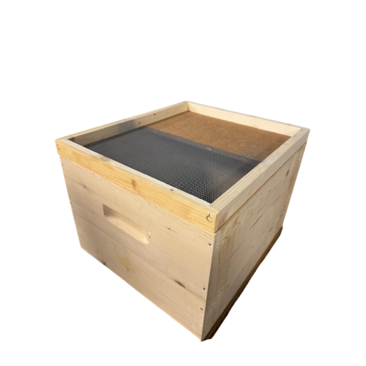 Stup din lemn de brad pentru 10 rame Dadant 1/1 – cu fund antivarooa din plastic Nicot, cuib 1/1, podișor și capac cu tablă zincată