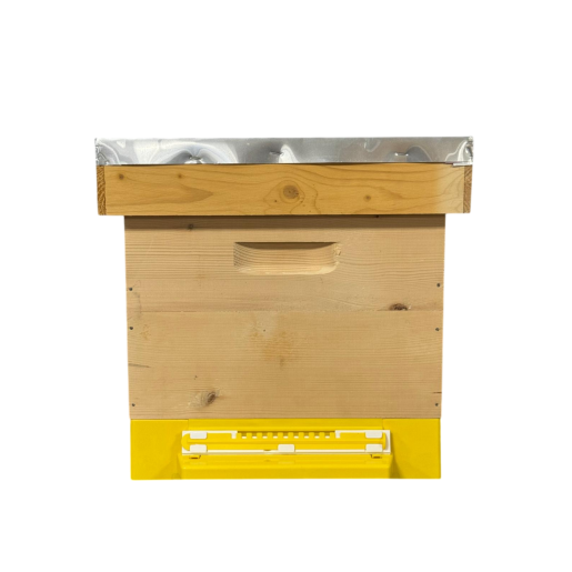 Stup din lemn de brad pentru 10 rame Dadant 1/1 – cu fund antivarooa din plastic si colector de polen, cuib 1/1, podișor și capac cu tablă zincată