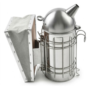 Afumător apicol din oțel inoxidabil, cu capac rotund,  burduf din piele naturală– 24 cm, Ø10 cm
