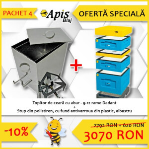 Pachet promotional: Topitor de ceara, din inox, 7-10 rame, cu arzator pe gaz inclus + Stup din polistiren, pe 10 rame, vopsit albastru, cu fund antivarroa