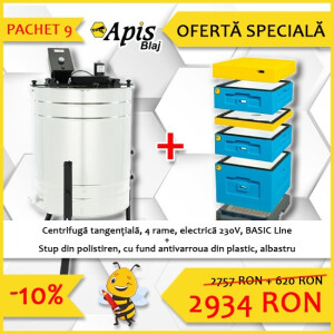 Pachet promotional: Centrifuga tangentiala, 4 rame, electrica 230V, BASIC Line + Stup din polistiren, cu fund antivarroua din plastic, albastru