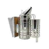 Afumător apicol din oțel inoxidabil, cu capac conic, cu tub interior din inox, burduf din piele naturală – 26 cm, Ø8,5 cm