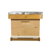 Stup din lemn de brad pentru 10 rame Dadant 1/1 – cu fund antivarooa din plastic Nicot, cuib 1/1, podișor și capac cu tablă zincată