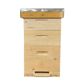 Stup din lemn de brad pentru 10 rame Dadant 1/1 – cu fund din lemn cu plasă antivarooa cu plasă zincată, cuib 1/1, două corpuri 1/2, podișor și capac cu tablă zincată