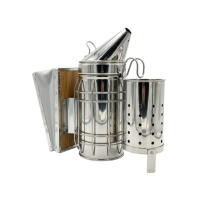 Afumător apicol din oțel inoxidabil, cu capac conic, cu tub interior din inox, burduf din piele naturală – 26 cm, Ø8,5 cm